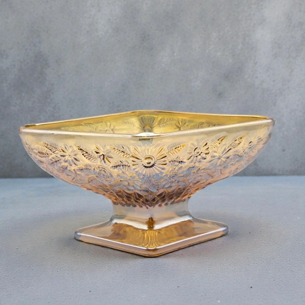 Set Of 3 Marigold Amber Carnival Glass Diamond Shaped Candy‎ Dishes